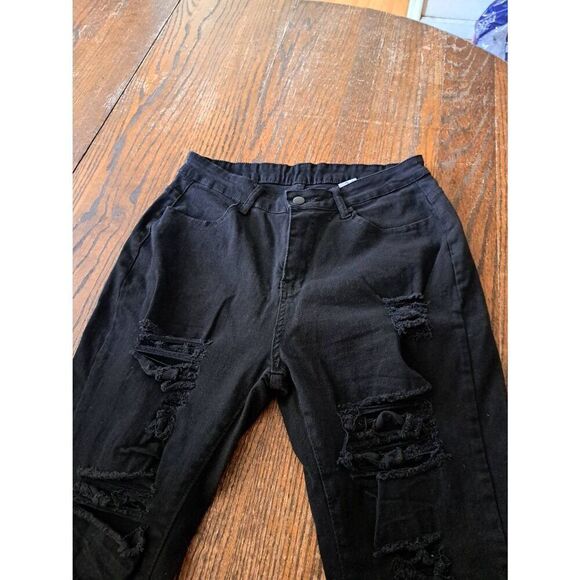 New Large Black Distressed Skinny Tight Stretch Denim Jeans w Pockets Belt Loops - Picture 4 of 5